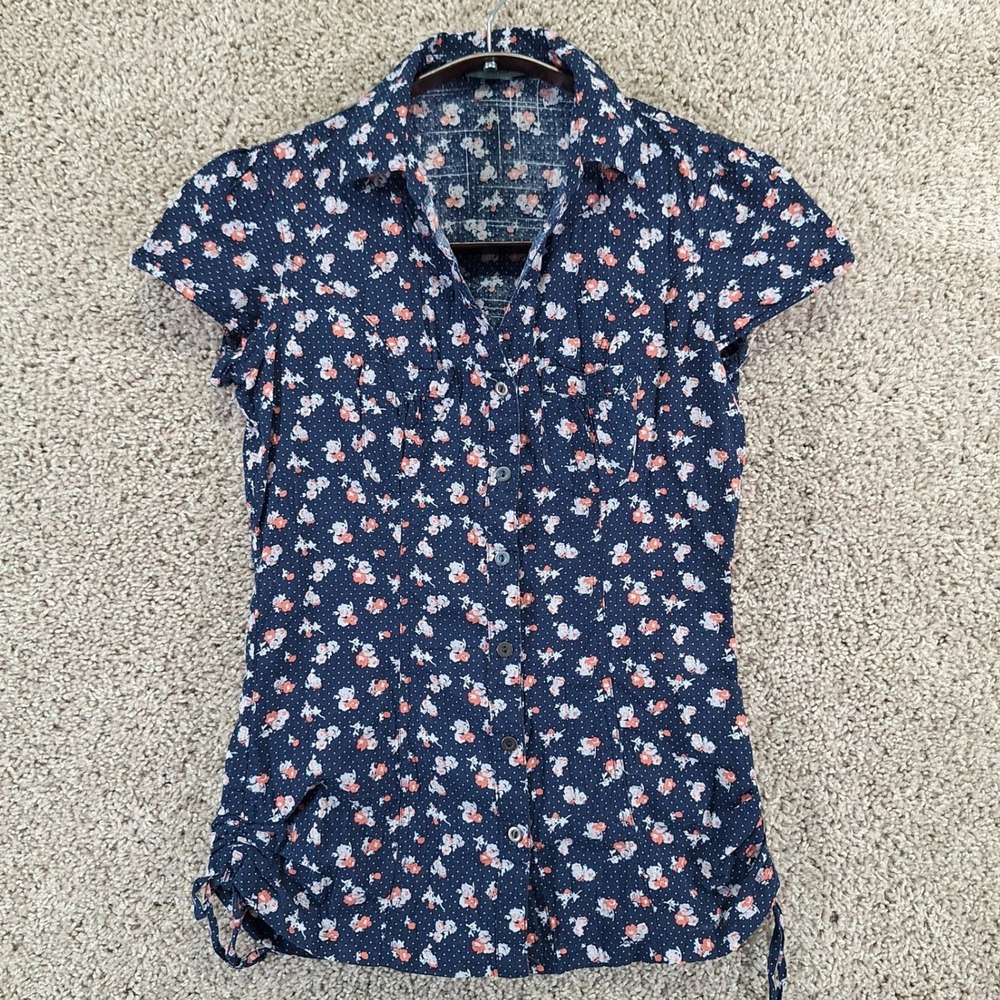 Maurices Button Up Women Small Blue Floral Polka Dot Short Sleeve Cinched Boho